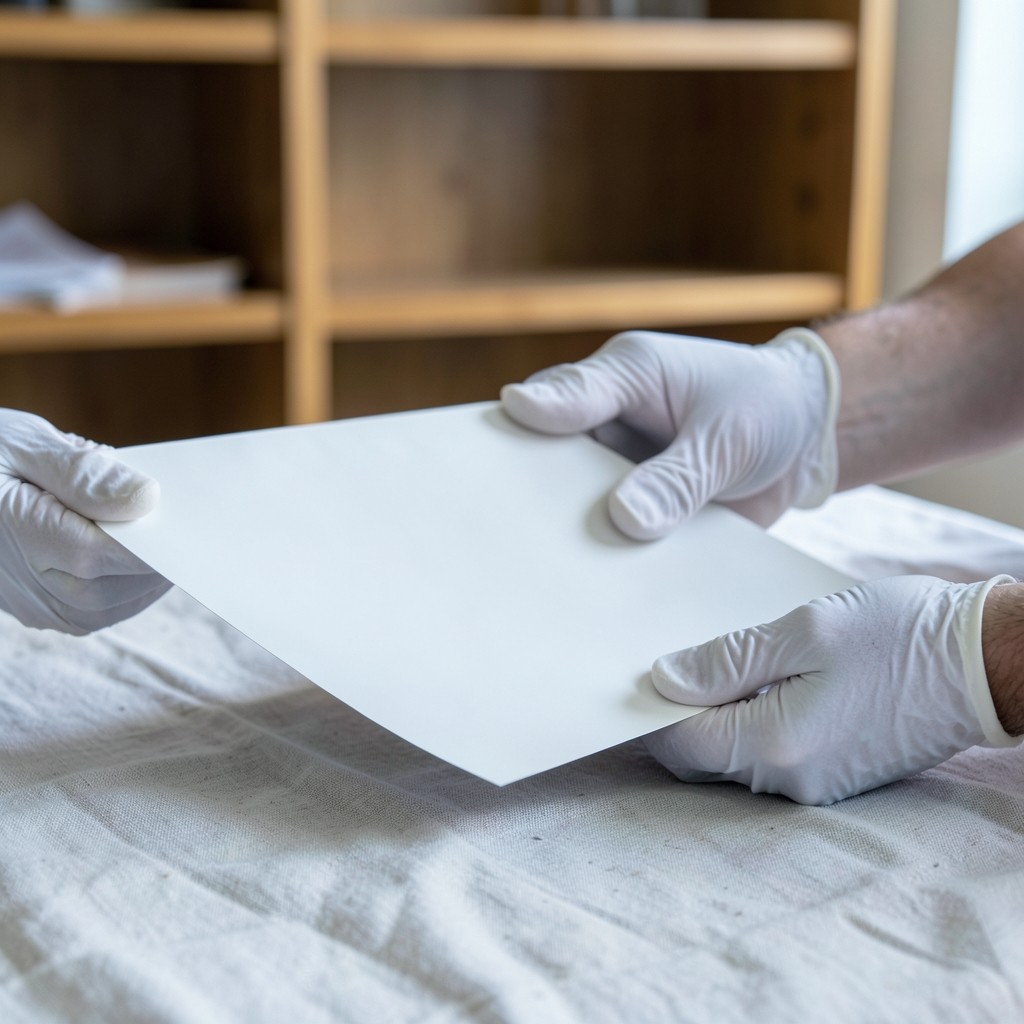 Cotton-gloved hands holding a photograph print above a linen-covered table, shelves soft behind