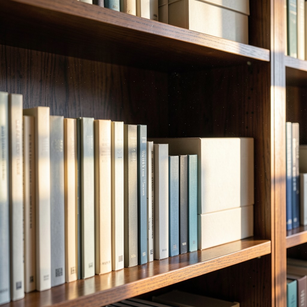A quiet shelf of cloth-bound catalogues and archival boxes in warm window light