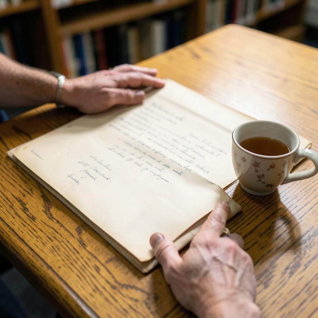Close view of hands resting beside an open archival folder and a ceramic cup on an oak desk