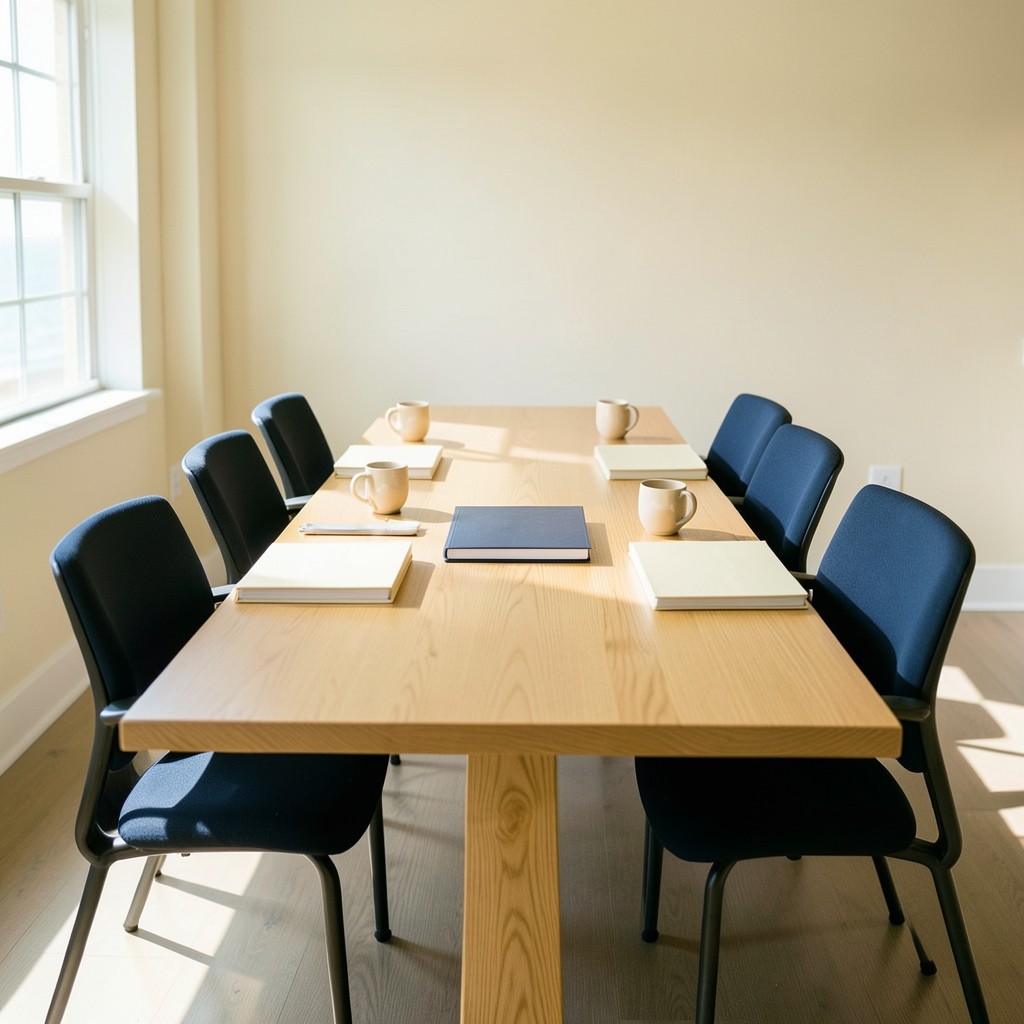 A long reading table set for a small group, chairs pulled in, ceramic cups and closed notebooks, coastal morning light
