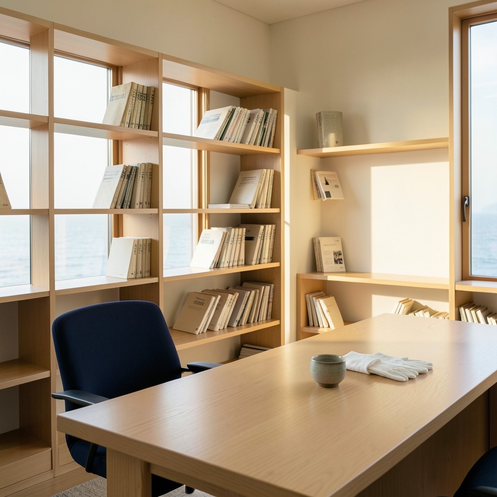 Morning light in a coastal reading room, with oak shelves of cloth-bound catalogues and a long desk facing tall windows