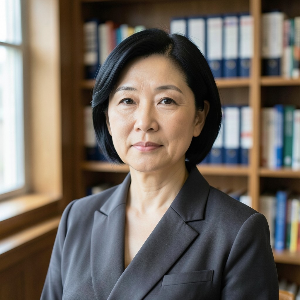 Portrait of a woman in her early forties standing in a reading room with shelves softly out of focus