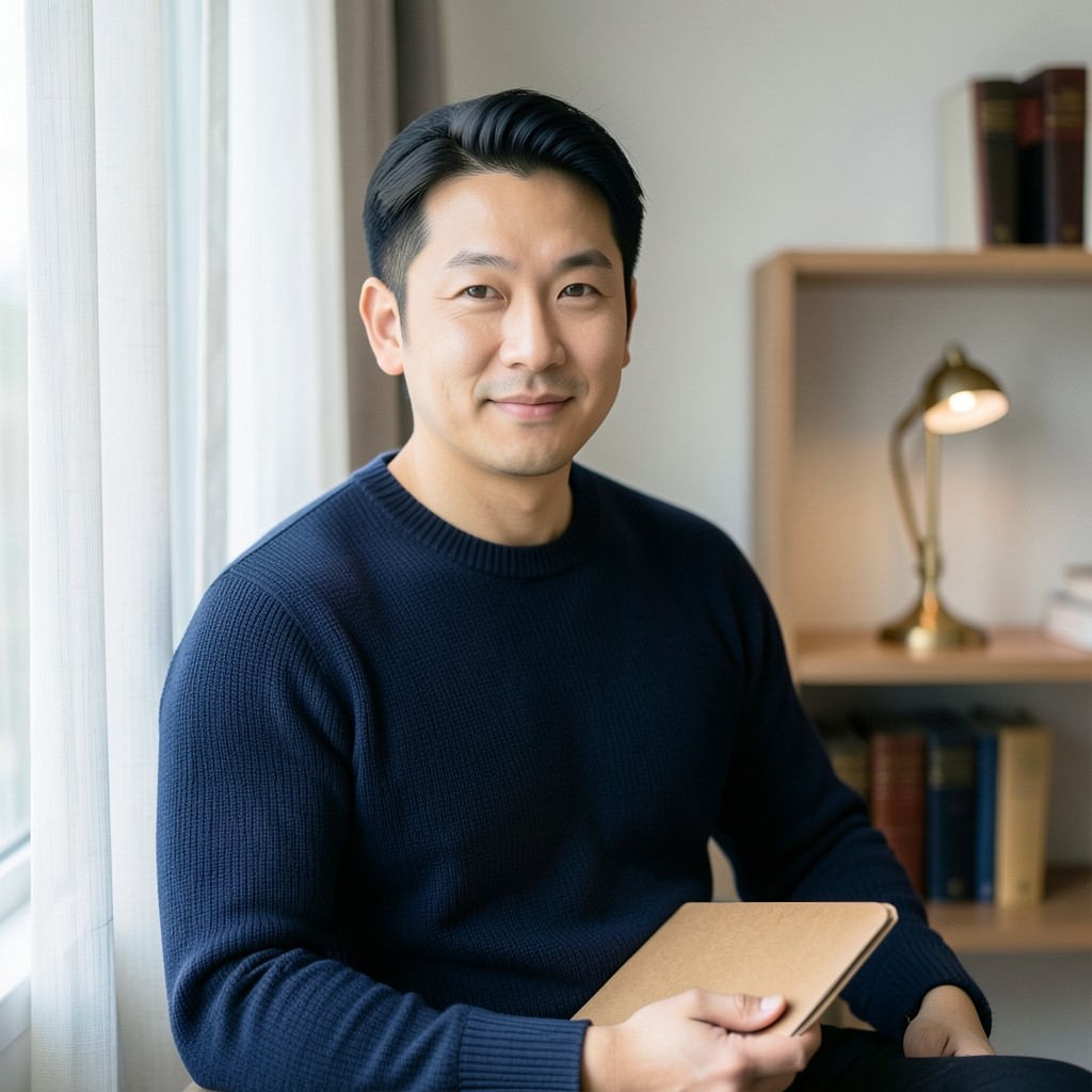 Portrait of a man in his thirties seated near a reading-room window with a closed folder in his hands