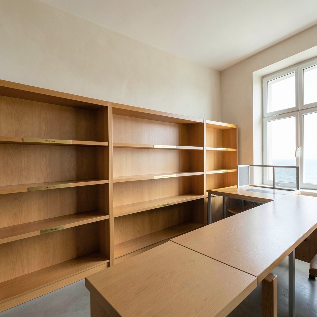 Wide view of a reading room with three runs of shelves, a long table, and windows toward a bright coastal day