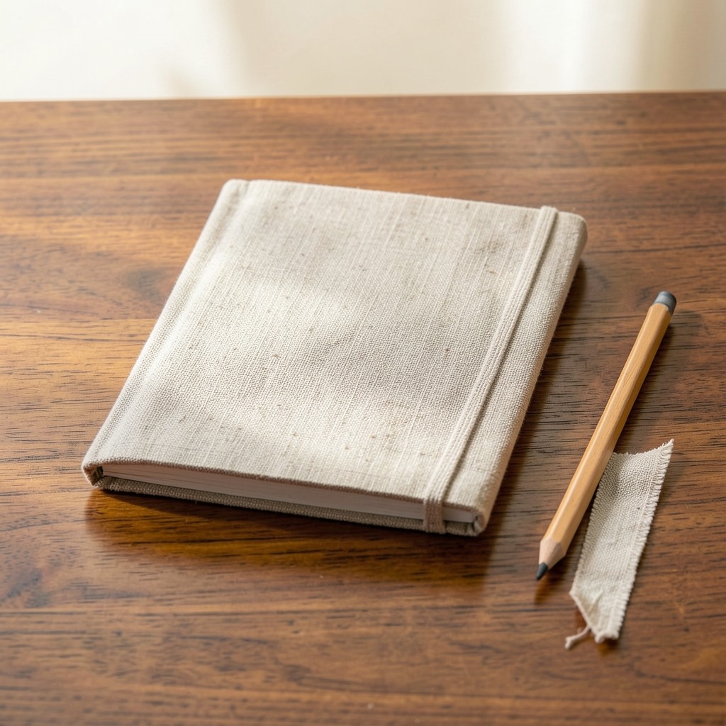 A cloth-bound reading packet closed on a wooden desk beside a pencil and a linen ribbon