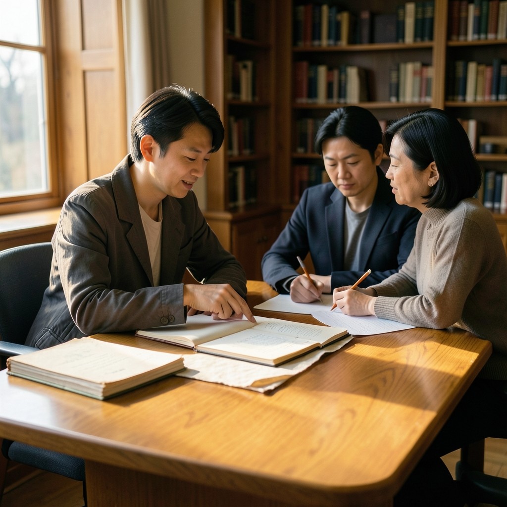 A librarian and a visitor seated at an oak desk with open archival folders in a quiet reading room